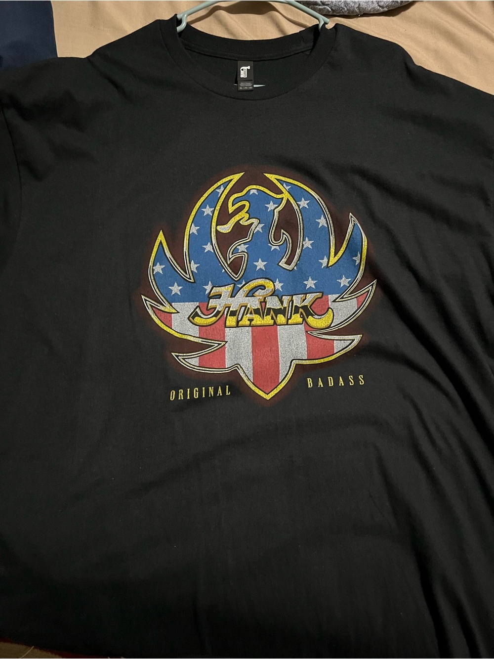 Black Graphic T-Shirt - American Flag Logo Hank Williams Jr